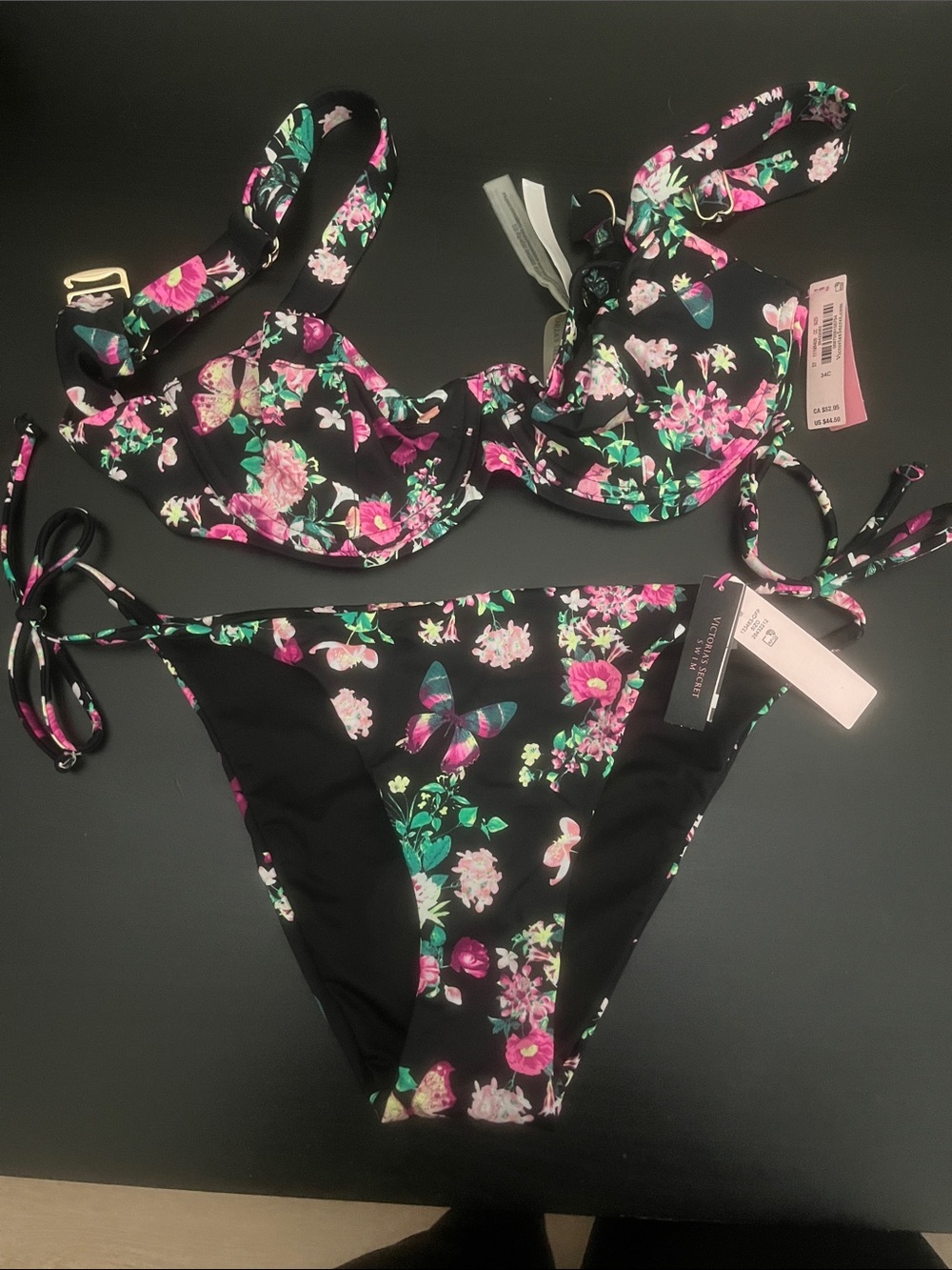 Victoria's Secret Black Bikini with Neon Floral Print